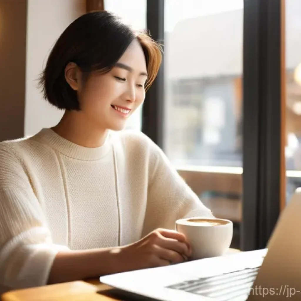 광고디자인 독립 작업과 팀 작업 비교 - A young Japanese woman in her late 20s, with short, stylish hair, is working on a sleek silver lapto...