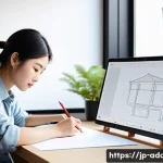 광고디자인 취업 성공 사례 - A modern Japanese advertising design studio interior with a young professional designer sketching id...
