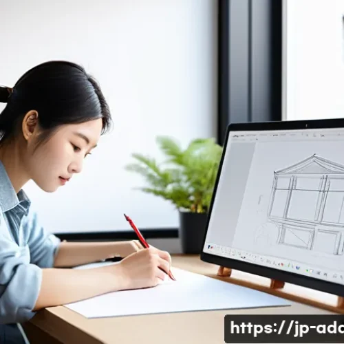 광고디자인 취업 성공 사례 - A modern Japanese advertising design studio interior with a young professional designer sketching id...