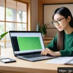 광고디자인 실무 능력 인증 방법 - A modern Japanese workspace featuring a young professional woman studying graphic design on a laptop...