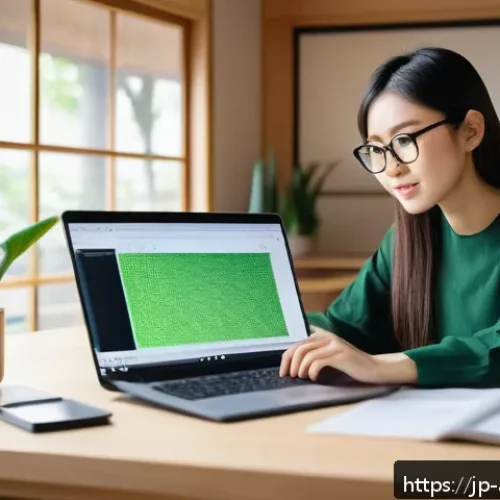광고디자인 실무 능력 인증 방법 - A modern Japanese workspace featuring a young professional woman studying graphic design on a laptop...